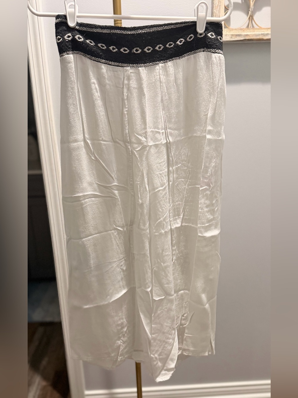 White Satin Wide-Leg Pants with Black Embroidered Waistband